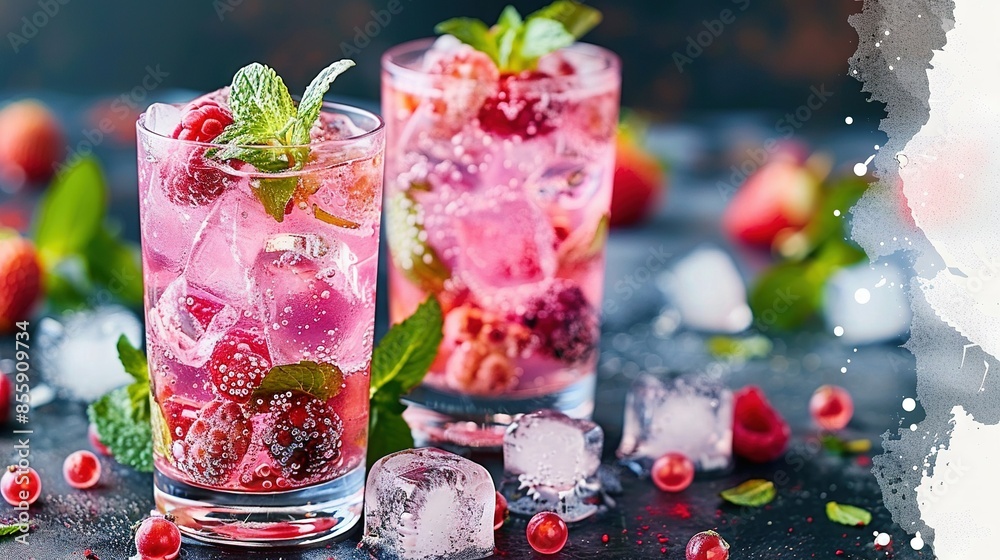   Two glasses with ice and raspberry garnish on a table, surrounded by mint leaves and ice cubes