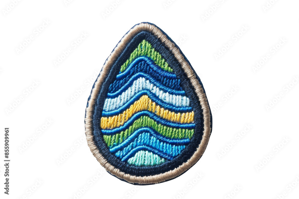 Colorful embroidered patch with wavy patterns in blue, green, and yellow hues, ideal for customization or decoration. Colorful embroidered patch with wavy patterns in blue, green, and yellow hues, ideal for customization or decoration.