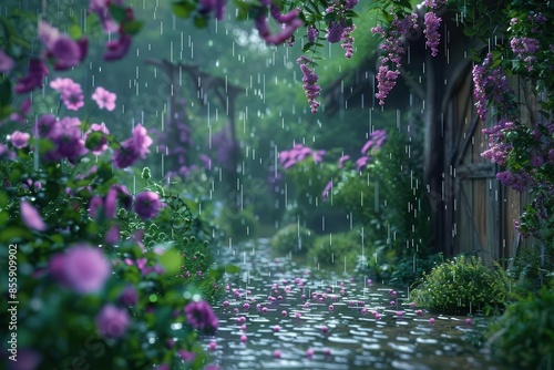 glistening juneberry garden after gentle rain enchanting aigenerated scene photo