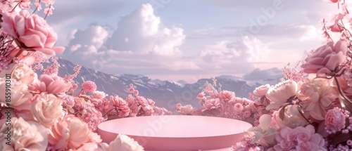 Fototapeta Naklejka Na Ścianę i Meble -  A pink floral pedestal adorned with blooming flowers and peonies set against a scenic backdrop of mountains and fluffy clouds. Ideal for product display