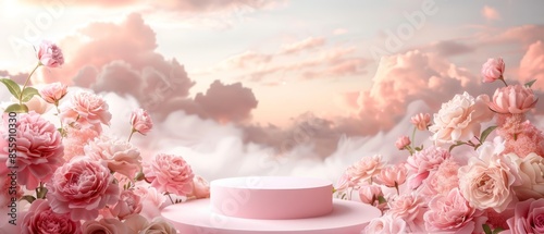 Fototapeta Naklejka Na Ścianę i Meble -  A pink floral pedestal adorned with roses and peonies, surrounded by clouds and illuminated by a warm sunset sky. Perfect for elegant product displays