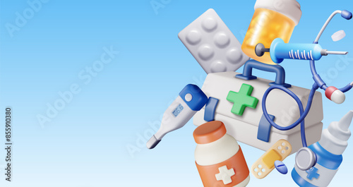 3d medicine icon set isolated. Render medical collection. Spray, pills, first aid kit, thermometer, syringe, heartrate, stethoscope. Healthcare hospital and medical diagnostics. Vector illustration