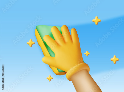 3D hand in gloves with sponge wash wall. Render cleaning service concept. Washing sponge. Kitchenware scouring pads. Kitchen and bath cleaning tool accessories. Vector illustration
