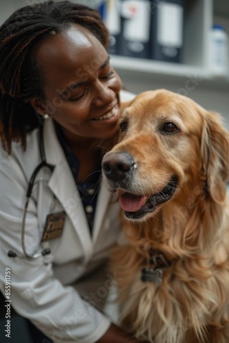 A woman in a white coat is holding a golden retriever