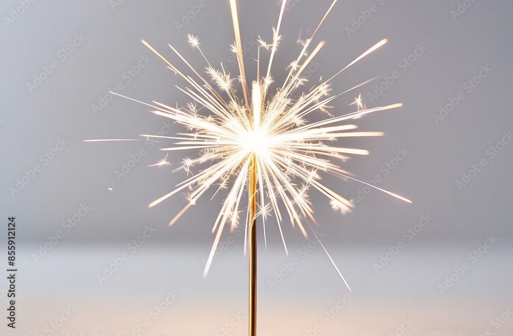 Obraz premium Burning sparkler on gray background. Bright fireworks with sparkles.