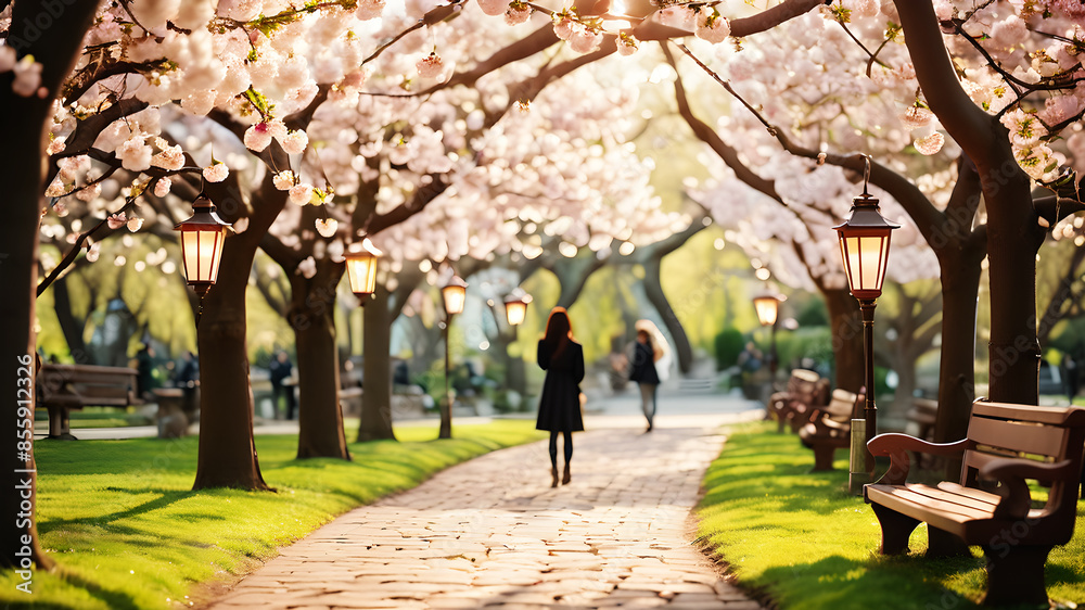 Depict a romantic park scene in springtime, with cherry blossoms in full bloom and heart-shaped lanterns hanging from the trees. Include a gentle, pastel color palette and soft lighting to create a dr Depict a romantic park scene in springtime, with cherry blossoms in full bloom and heart-shaped lanterns hanging from the trees. Include a gentle, pastel color palette and soft lighting to create a dr