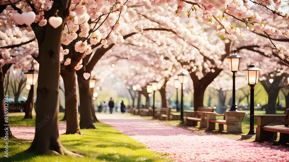 Depict a romantic park scene in springtime, with cherry blossoms in full bloom and heart-shaped lanterns hanging from the trees. Include a gentle, pastel color palette and soft lighting to create a dr Depict a romantic park scene in springtime, with cherry blossoms in full bloom and heart-shaped lanterns hanging from the trees. Include a gentle, pastel color palette and soft lighting to create a dr