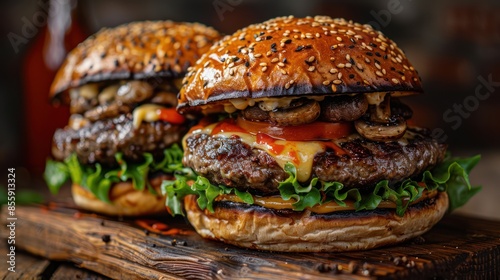 Beef, Cheese, and Mushroom Burgers on Wooden Table - Unhealthy but Delicious Homemade Burgers photo