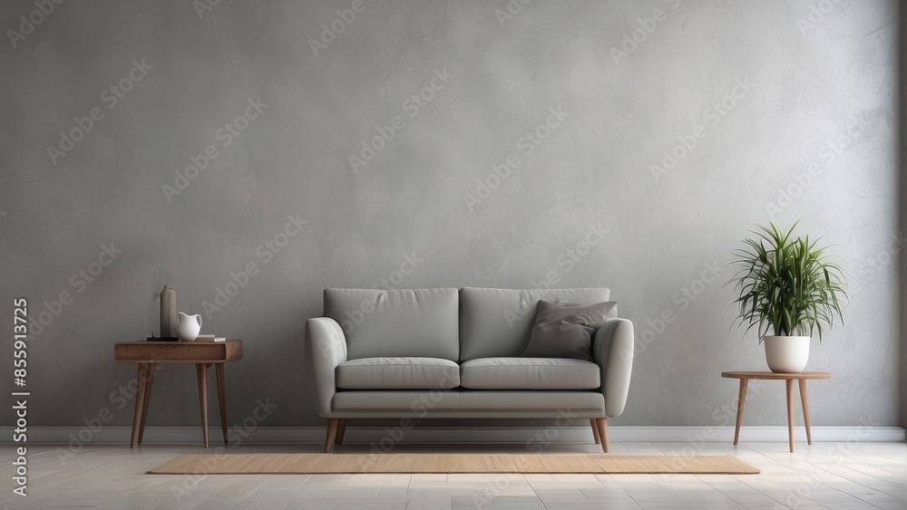 Interior home of living room with grey sofa and table on white wall copy space Interior home of living room with grey sofa and table on white wall copy space