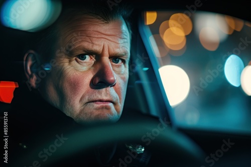 A police officer is sitting in a car. Police officer patrolling streets of city.