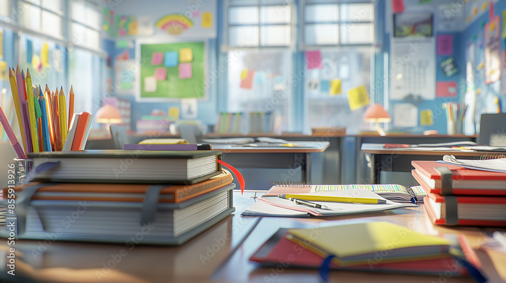 Classroom interior with desks, stacks of books, and school supplies, capturing the essence of a vibrant and organized educational environment. Classroom interior with desks, stacks of books, and school supplies, capturing the essence of a vibrant and organized educational environment.
