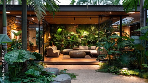 Tropical Luxury Hotel Foyer with Nature-Inspired Clothing Showroom and Palm Trees in Mansion Living Room with Semi-Crystal Plants and AI Design