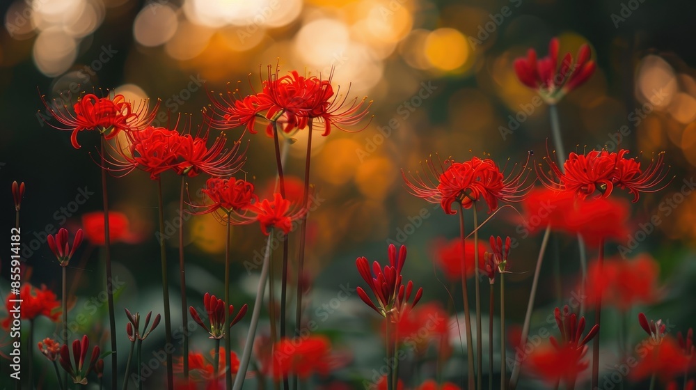 Blooming crimson flowers of Lycoris radiata in the fall Blooming crimson flowers of Lycoris radiata in the fall