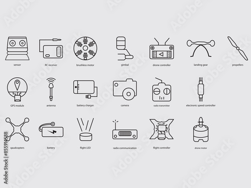 set of drone parts outline icon .UAV component pictogram vector symbol Isolated on white background.