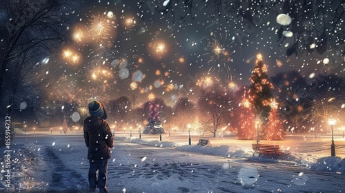 aweinspired child watching first new years fireworks display in snowy park digital painting photo