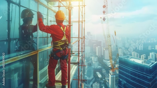 brave construction worker at dizzying heights installing scaffolding on futuristic scifi building fall protection gear photo