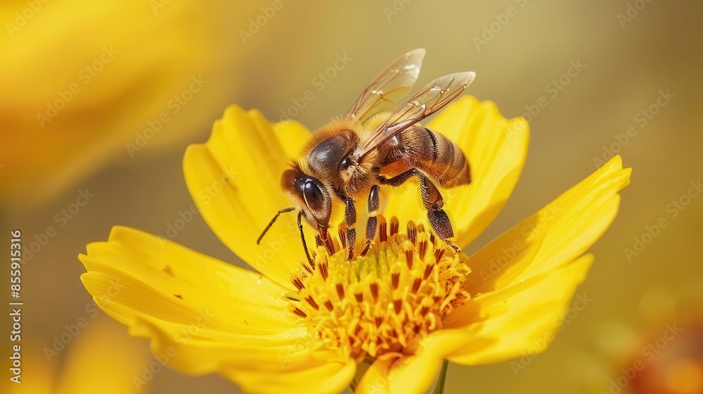 closeup of striped bee collecting nectar on bright yellow flower macro nature photography closeup of striped bee collecting nectar on bright yellow flower macro nature photography