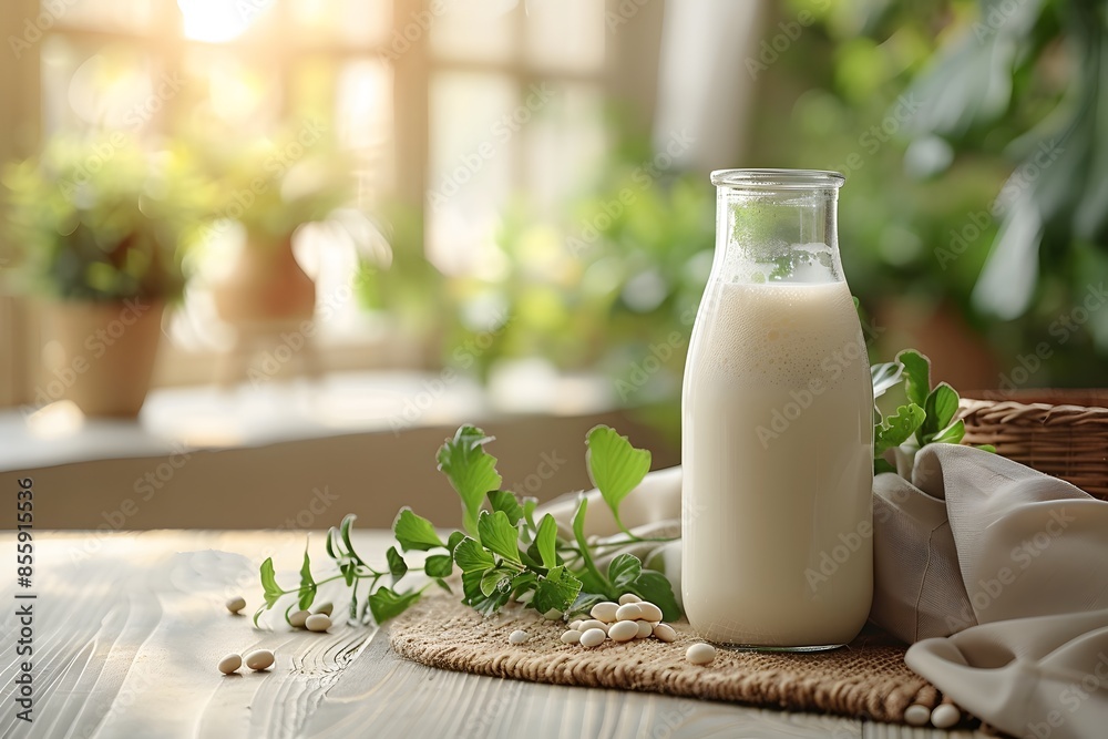 Fresh Soy Milk in Glass Bottle with Soybeans and Greenery on Rustic Table - Ideal for Health, Vegan, and Organic Food Themes Fresh Soy Milk in Glass Bottle with Soybeans and Greenery on Rustic Table - Ideal for Health, Vegan, and Organic Food Themes