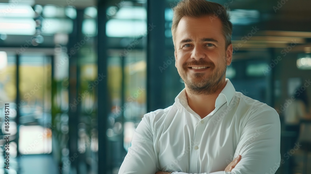 confident businessman in modern glass office smiling at camera successful entrepreneur portrait leadership and achievement concept confident businessman in modern glass office smiling at camera successful entrepreneur portrait leadership and achievement concept