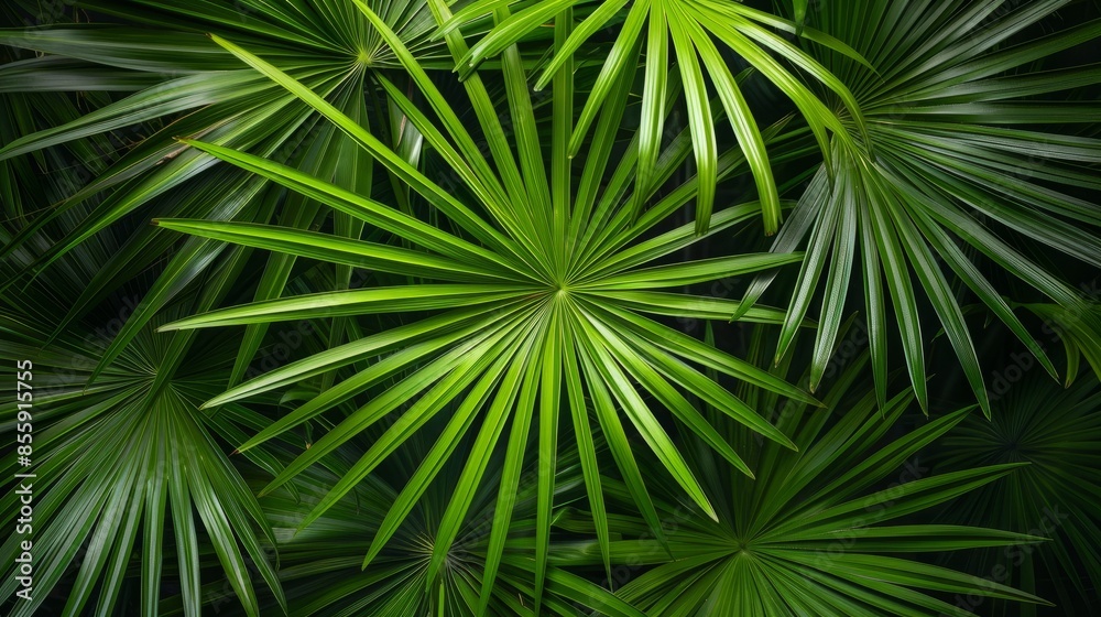 Obraz premium A close-up of lush green palm leaves, creating a textured and tropical background.