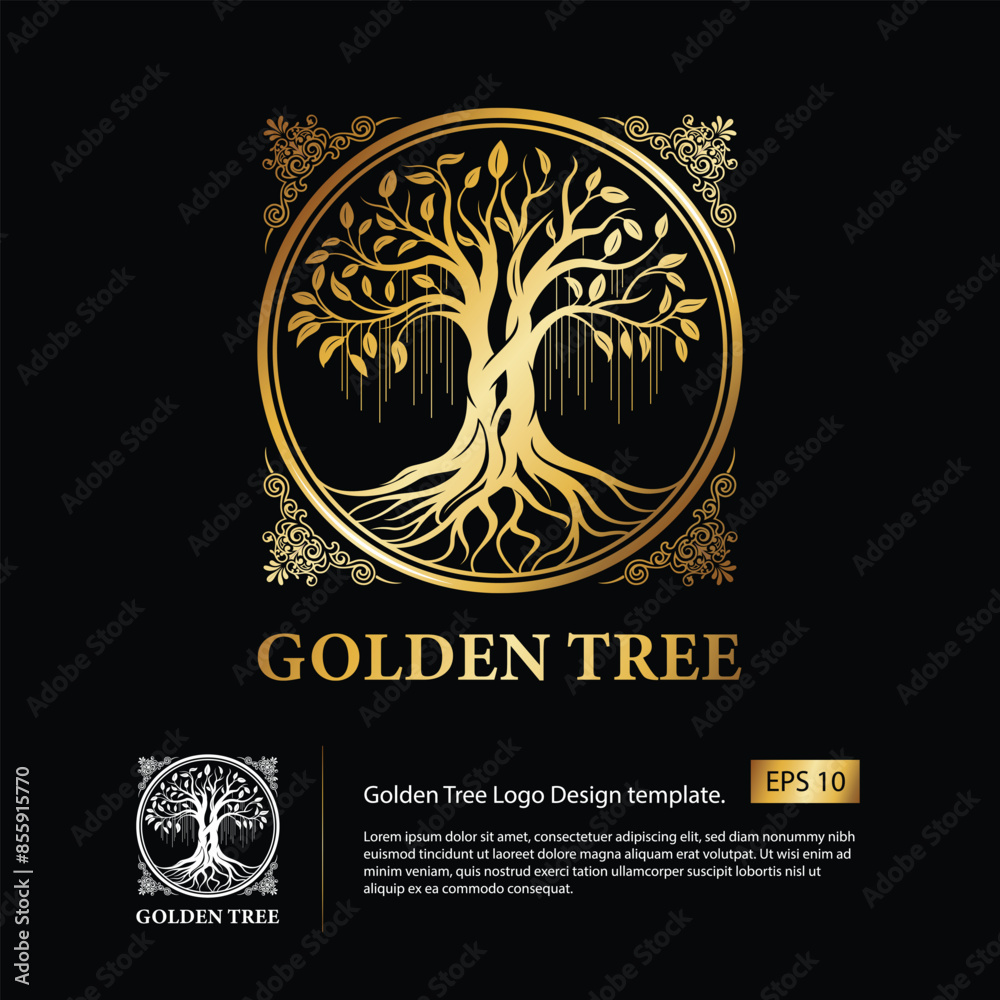 Golden Tree logo with a tree that colored by gold and a victorian style border.