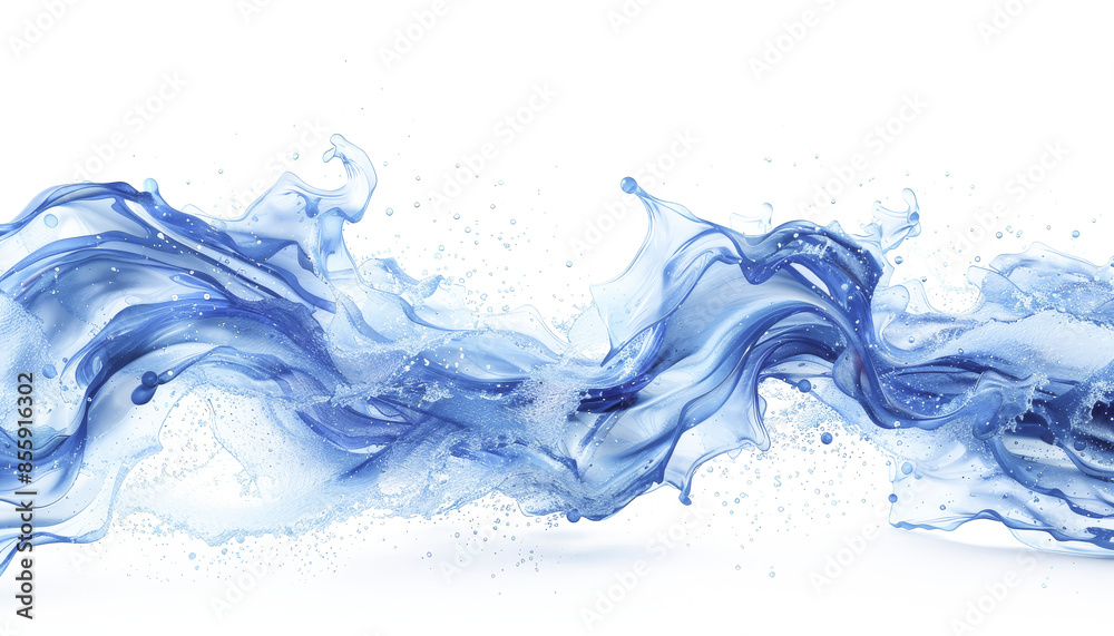 A dynamic wave of blue liquid splashes gracefully against a white background, creating an abstract and fluid visual pattern. A dynamic wave of blue liquid splashes gracefully against a white background, creating an abstract and fluid visual pattern.