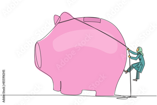 Continuous one line drawing Arab businesswoman climbs piggy bank with rope. Entrepreneur working hard make investment prepare for retirement. Smart worker. Single line draw design vector illustration