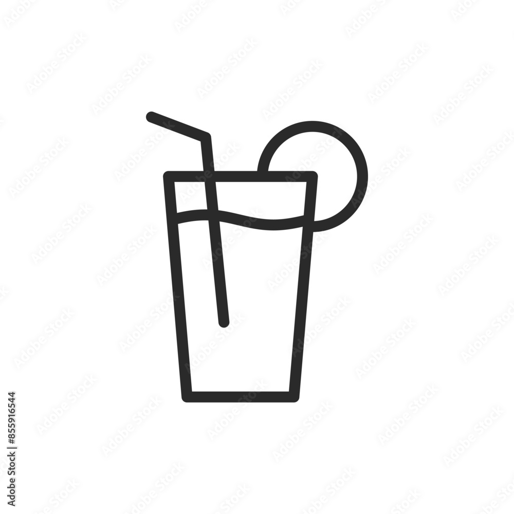 Juice glass with straw, linear style icon. Glass of juice with a straw and a slice of fruit. Editable stroke width Juice glass with straw, linear style icon. Glass of juice with a straw and a slice of fruit. Editable stroke width