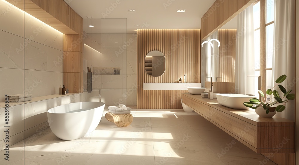A Spacious and Elegant Bathroom with Modern Minimalistic Design, Natural Light, and Luxurious Materials, Showcasing a Double Sink, Large Mirror, and a Stylish Bathtub A Spacious and Elegant Bathroom with Modern Minimalistic Design, Natural Light, and Luxurious Materials, Showcasing a Double Sink, Large Mirror, and a Stylish Bathtub