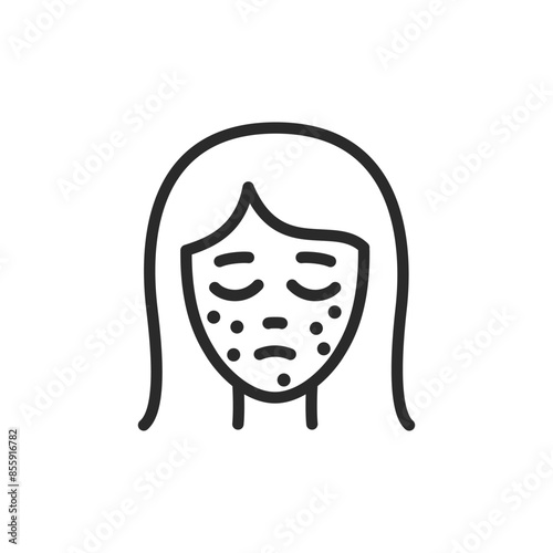 Acne on face, linear style icon. Sad woman with acne. skin condition. Editable stroke width