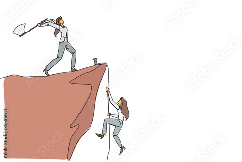 Single continuous line drawing businesswoman climbs a cliff with the rope. Almost successful. Rudely dropped by a business friend. Fake partner. The worst teamwork. One line design vector illustration