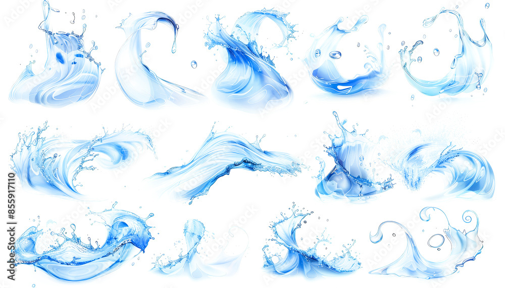 Digital illustrations showcasing various artistic forms and movements of water splashes and waves, each rendered in shades of blue. Digital illustrations showcasing various artistic forms and movements of water splashes and waves, each rendered in shades of blue.