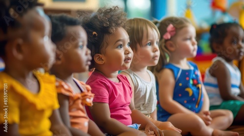 diverse group of toddlers sitting in classroom gazing in awe at their teacher
