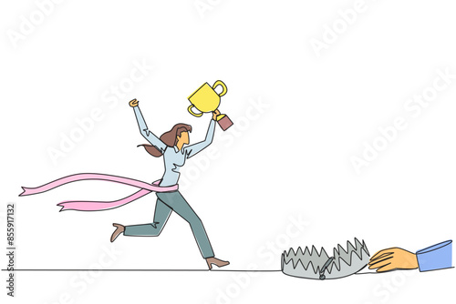 Continuous one line drawing businesswoman running with trophy. Dangerous business trap. Trap that really brings down business. Fake friend. Traitor. Rival. Single line draw design vector illustration