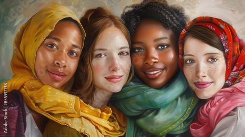 diverse group of young women from various ethnicities united in friendship and celebrating global unity oil painting © Bijac