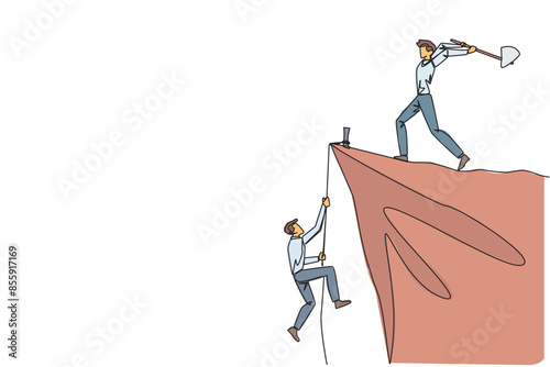 Continuous one line drawing businessman climbs cliff with rope. Almost successful. Rudely dropped by a business friend. Fake partner. The worst teamwork. Single line draw design vector illustration