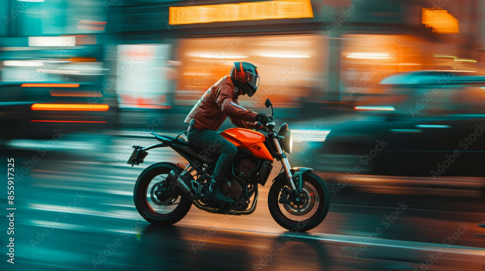 Motorcycle rider in helmet and gear racing at high speed on the nighttime background with motion blur Motorcycle rider in helmet and gear racing at high speed on the nighttime background with motion blur