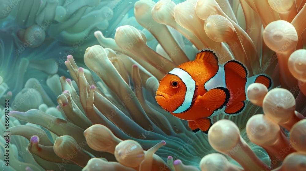 Close up of a clownfish nestled among the tentacles of a sea anemone, its vivid orange and white stripes standing out against the soft, flowing arms of the anemone Close up of a clownfish nestled among the tentacles of a sea anemone, its vivid orange and white stripes standing out against the soft, flowing arms of the anemone