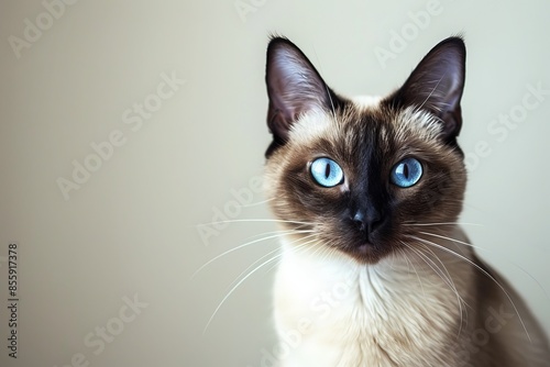 Close up of a Siamese cat with piercing blue eyes and sleek fur, sitting elegantly against a minimalist background, highlighting its exotic beauty and grace 