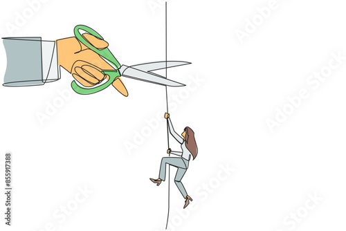 Single continuous line drawing businesswoman climbing rope. Metaphor of struggling to advance business. Business failed to develop. Sabotaged by business friends. One line design vector illustration