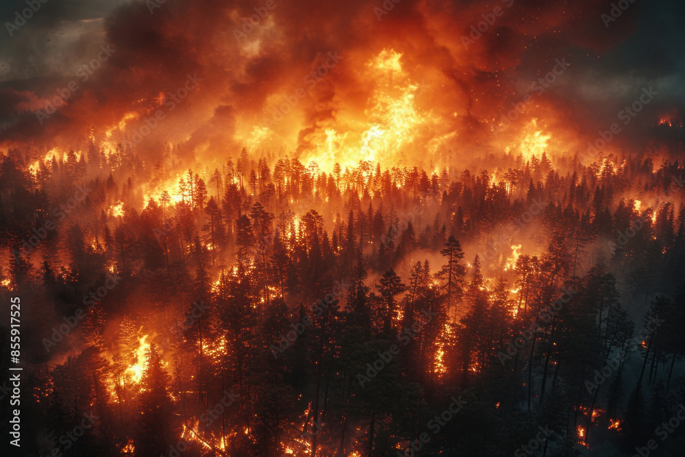 Aerial view of forest fire with intense flames and smoke Aerial view of forest fire with intense flames and smoke