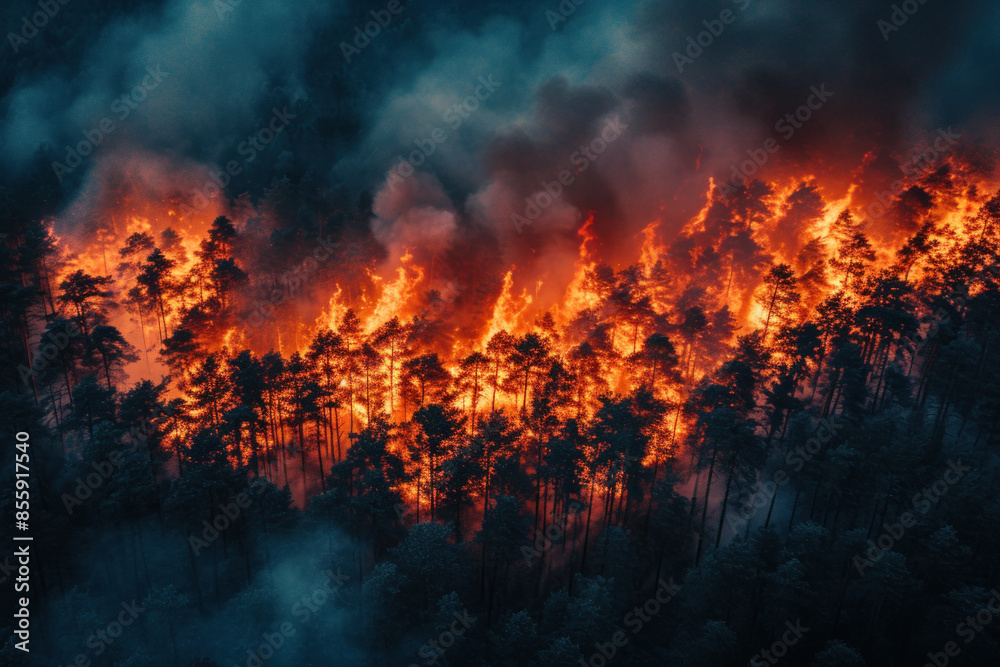 Forest wildfire spreading through dense trees with heavy smoke Forest wildfire spreading through dense trees with heavy smoke