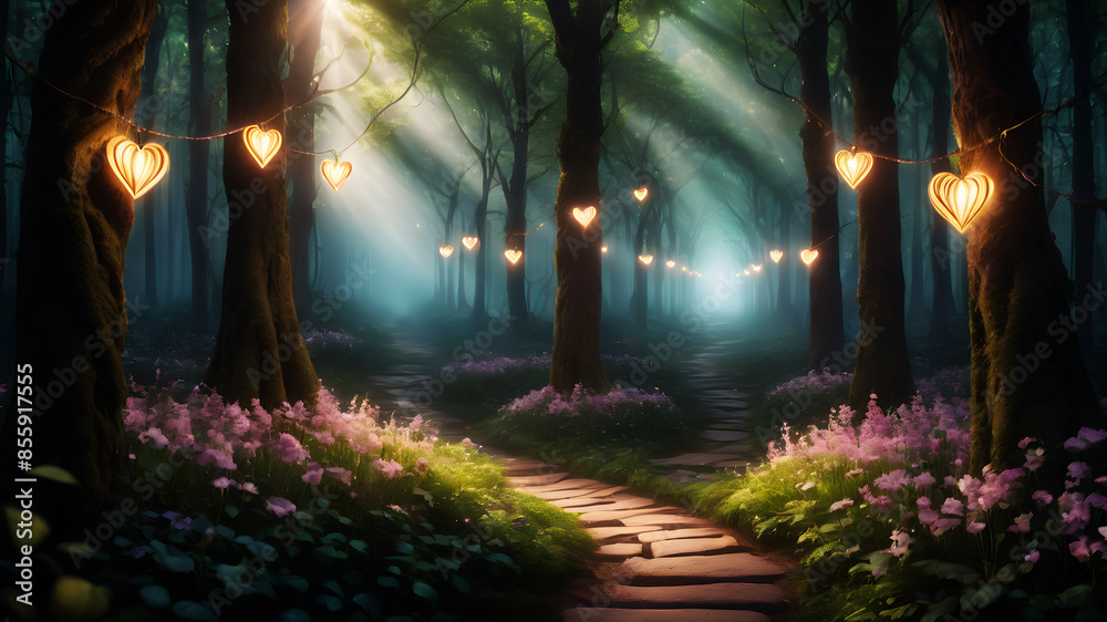 Obraz premium Create an enchanted forest path lined with glowing flowers and heart-shaped lights. Add a subtle mist to the scene, with beams of soft light filtering through the trees, enhancing the magical and roma