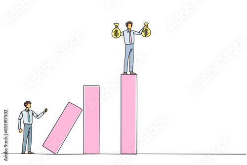 Continuous one line drawing businessman standing on the bar lifting money bag. Fake partner. The envy friend. Sabotage happiness. The traitor on office. Single line draw design vector illustration