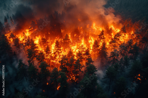 Aerial view of forest fire with intense flames and smoke