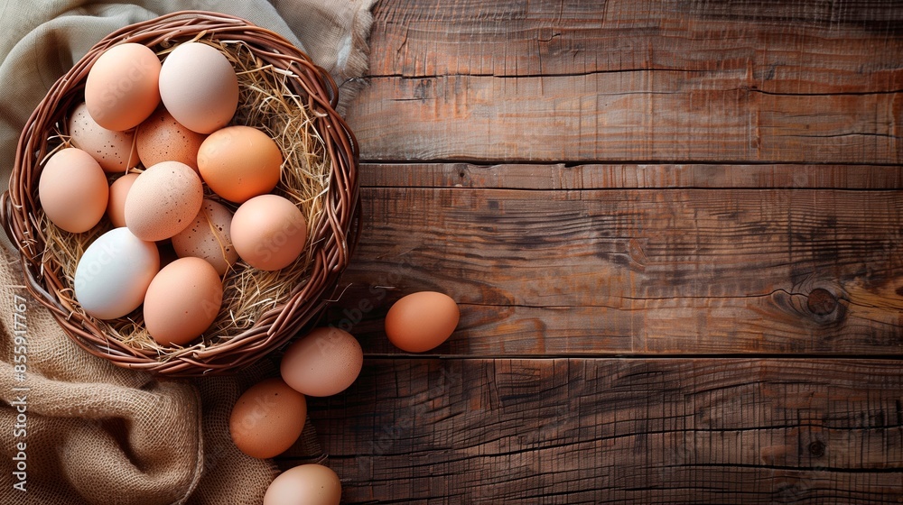 Fresh eggs in a wicker basket. Old wooden surface. Copy space. Flat lay. Total top view Fresh eggs in a wicker basket. Old wooden surface. Copy space. Flat lay. Total top view