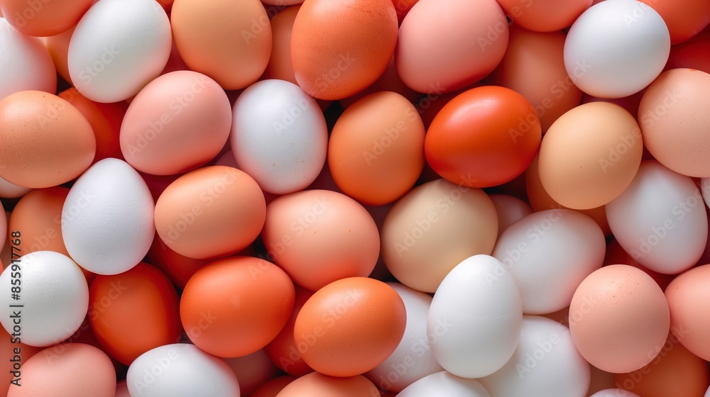 Full frame. Assorted eggs. Top view. Flat lay. Hen brown and white egg Full frame. Assorted eggs. Top view. Flat lay. Hen brown and white egg