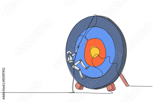 Continuous one line drawing the robot climbs arrow board target with rope. Struggle very persistently to achieve the best. Smart work that produces results. Single line draw design vector illustration