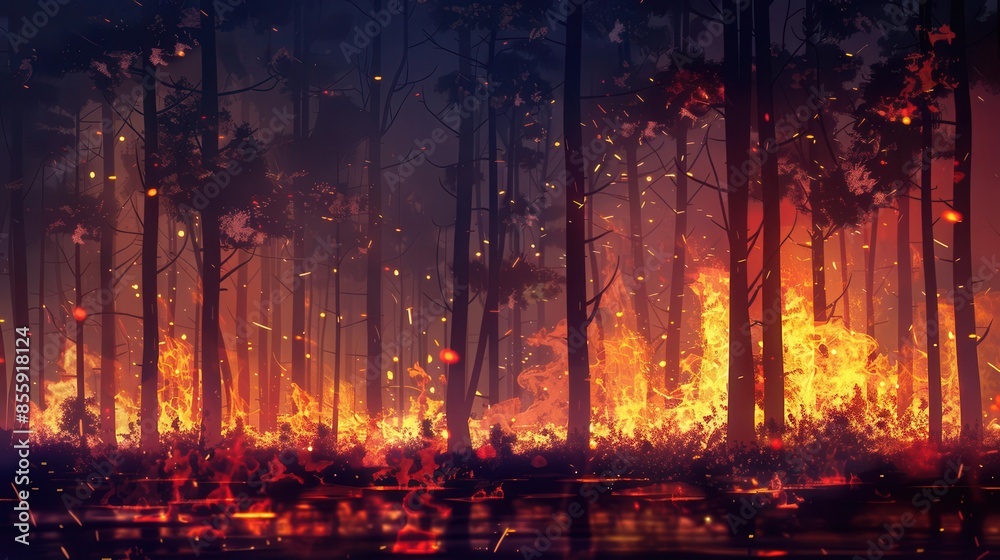 Naklejka premium dramatic illustration of forest fire disaster at night burning trees and damaged environment caused by global warming digital art
