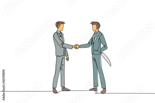 Single continuous line drawing two businessmen shaking hands. One of them holding a knife behind the back. Getting ready to stab. Must win at all costs. Traitor. One line design vector illustration